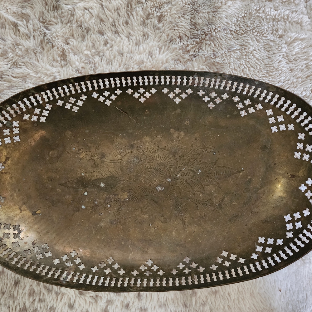 INDIAN Vintage Brass Tray with Taj Brass Oval Tray with Intricate Design